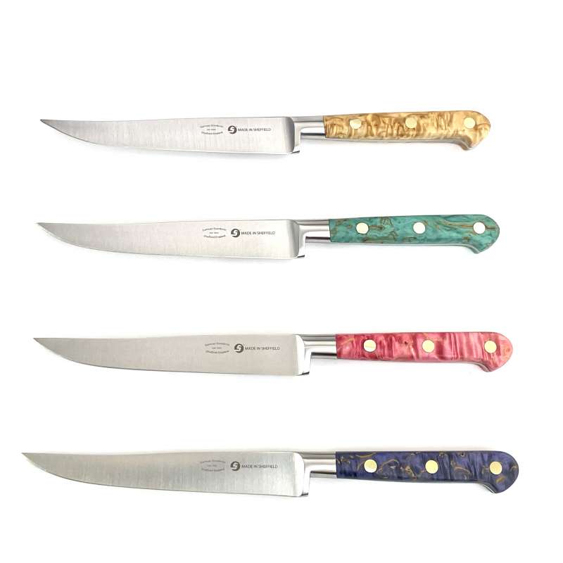 4 Piece Steak Knife Set Coloured Curly Birch